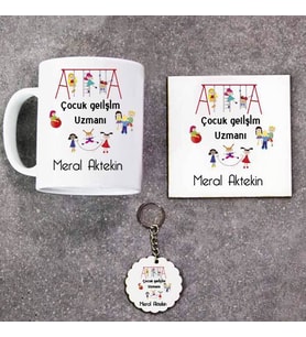 Çocuk Gelişimi Uzmanı Kupa Bardak Altlık ve Anahtarlık Hediye Seti (Model 1)
