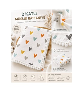 Ponpon Detaylı Kalpli Desenli 2 Kat Müslin Bebek Battaniyesi & Örtüsü 80 x