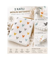 Ponpon Detaylı Kalpli Desenli 2 Kat Müslin Bebek Battaniyesi & Örtüsü 80 x