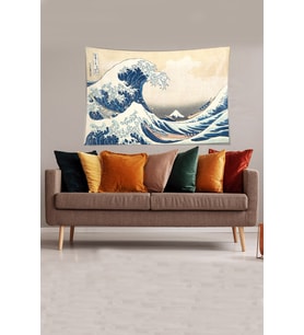 Bej-Mavi Katsushika Hokusai Serisi Leke Tutmaz Kadife Kumaş Duvar Örtüsü Duvar Halısı Tapestry