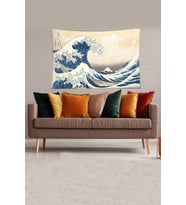 Bej-Mavi Katsushika Hokusai Serisi Leke Tutmaz Kadife Kumaş Duvar Örtüsü Duvar Halısı Tapestry