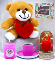 Premium Özel Hediye Seti Pembe Türk Kahvesi Fincanı, Mum, Ayıcık, Işıklı Fanus (Model 1)