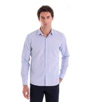 Hatemoğlu LACİVERT K. Comfort Fit Çizgili Pamuklu Slim Yaka Uzun Kollu Spor Gömlek