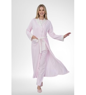 Mecit 6398 Pembe Kadın Uzun Sabahlık Boydan Düğmeli Pijama Takımı