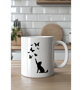 Kedi ve Kelebek Silüeti Desenli 330ml Baskılı Beyaz Seramik Kupa Bardak