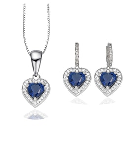 Diamond  Model Lusso Elegant Sapphire Heart Kadın Kolye Küpe Seti (Gümüş)