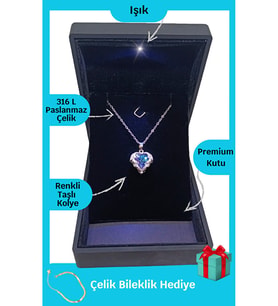 Doğum Günlerine Özel  Işıklı Premium Kutuda Kalp Kolye Gümüş Renk  316l Çelik - Kararmaz I Mavi Renk