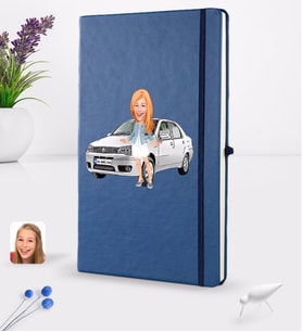 BK Gift Kişiye Özel Plakalı Kadın Fiat Albea Karikatürlü Lacivert Termo Deri Defter 16x24cm Model 2