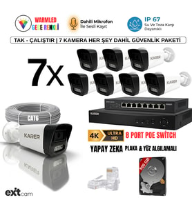 7'li IP KAMERA-POELİ-5MP-ULTRA HD-4K 1920 ÇÖZÜNÜRLÜK-SESLİ-GECE RENKLİ GÖRÜŞ-İNSAN ve PLAKA ALGILAMALI SET (Beyaz)
