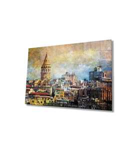 Miyrem Glasses Collection -A1^#  Sulu Boya İstanbul Galata Kulesi Cam Tablo, 4mm Dayanıklı Cam (Çok Renkli)