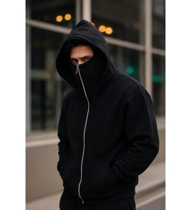Erkek Maskeli Ninja Model Çift Kapüşonlu 3 İplik Şardonlu Fermuarlı Sweatshirt - Siyah