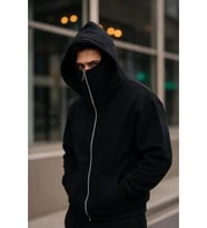 Erkek Maskeli Ninja Model Çift Kapüşonlu 3 İplik Şardonlu Fermuarlı Sweatshirt - Siyah