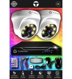 TURKNO 2 Kameralı Domie 2 İç Kamera Set 250 GB HDD Full HD Renkli Gece Görüşlü Güvenlik Kamerası Sistemi