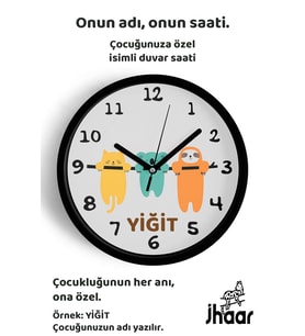 İsme Özel Sevimli Hayvanlar Çocuk Odası Duvar Saati Orta Boy 30 cm Siyah Camlı Sessiz