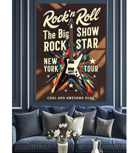 Rock Roll Gitar Çizimi Dekoratif Kanvas - Mdf Ahşap Tablo