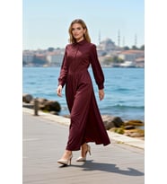 Kadın Maxi Elbise Yaka Uzun Kol Skater Kalıp Dokuma Düz Desen Astarsız Günlük Kullanım