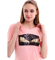 21161662 Süprem Önü Pul Payetli Kısa Kol T-Shirt PUDRA