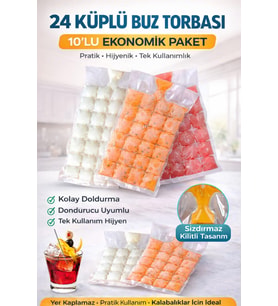 Buz Küpü Torbası 24 Küplü 10lu Paket Pratik Buz Yapma Poşeti Şeffaf Dondurucu Buzluk