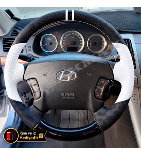 Hyundai Trajet Dikme Direksiyon Kılıfı Delikli Deri Parlak Siyah Beyaz Detay Çift Yüzük ve Dikiş 2000-2008