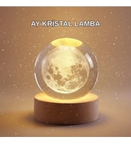 8 Cm Ay Desenli Kristal Küre Sıcak Led Işıklı Ahşap Tabanlı Oda Lambası