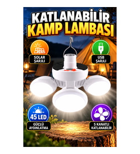 Solar ve USB Şarjlı 5 Kanatlı 45 LED Katlanabilir Kamp ve Acil Durum Lambası