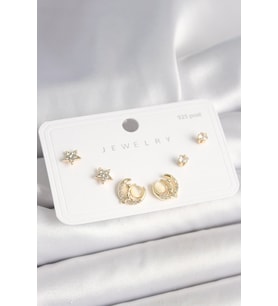 925 Ayar Gümüş Çivi Zirkon Taşlı Hilal Yıldız Model Kadın Küpe Seti - TJ-BKP10399