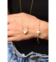 925 Ayar Gümüş Üç Renk Dorika Toplu Incili Kolye Ve Bileklik Set