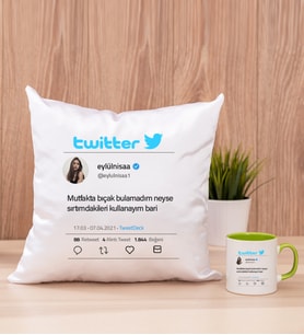Kişiye Özel Twitter Tasarım Fotoğraflı Kare Yastık ve Yeşil Kupa