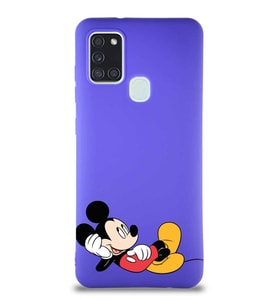 Samsung Galaxy A21S Soft Premier Kapak Mickey Mouse-F Tasarımlı Silikon Kılıf - Mor (Şeffaf)