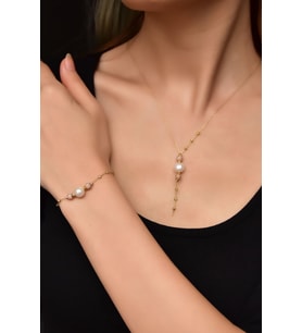 925 Ayar Gümüş Rose-gold Kaplama Inci Simli Dorika Toplu Kolye Ve Bileklik Set