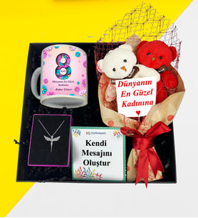 Kadınlar Gününe Özel Ayıcık Buketi Kupa Bardak Melek Kolye Hediye Seti