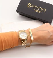 Gold Metal Analog Kadın Kol Saati, İsimli Bileklik