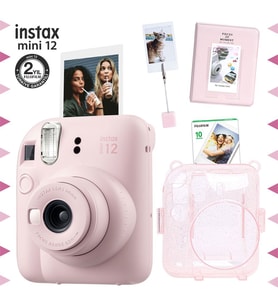 Instax mini 12 Pembe Fotoğraf Makinesi-10'lu Film-Kıskaçlı Stand-PVC Albüm ve Simli Pleksi Kılıf Seti