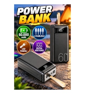 60.000 mAh Powerbank Dijital Göstergeli 4 Kablolu LED Fenerli Taşınabilir Şarj Cihazı