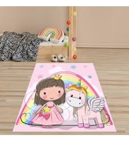 Sevimli Unicorn ve Prenses Desenli Dijital Baskı Yıkanabilir Kaydırmaz Leke Tutmaz Çocuk Odası Halı (Pembe)