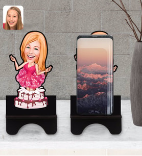 BK Gift Kişiye Özel Kadın Doğum Günü Karikatürlü Ahşap Biblo Telefon Standı-1