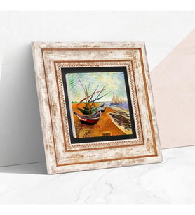 Van Gogh Balıkçı Tekneleri Taş Duvar Tablosu - Çerçeveli Taş Tablo - Dekoratif Duvar Sanatı - Modern Ev ve Ofis Duvar Dekoru T1-277