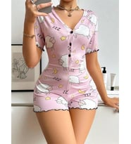 Amora Secret Pamuklu Pembe Kuzu Desenli Düğmeli Uzun Kol Tulum Pijama