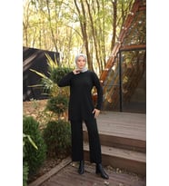 O Yaka Kısa Tunik Pantolon Sade İkili Tesettür Eşofman Takımı - (38-46) - 71219 - Siyah