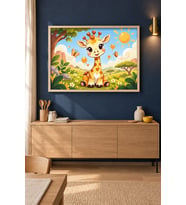 Güneşli Çayırda Zürafa Kelebek Ahşap Çerçeveli Duvar Tablosu