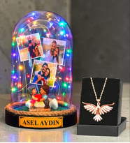 Kişiye Özel Renkli Led Işıklı Fanus ve Zümrüdü Anka Kuşu Kolye (Model 1)