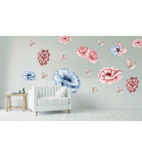 SOFT RENKLİ BÜYÜK EBATLI MAVİ VE PEMBELİ ÇİÇEKLER ÇOCUK ODASI DUVAR STİCKER