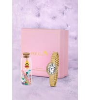 Polo Air Romen Rakamlı Kadın Kol Saati Ve Smile Figürlü Özel Notlu Cam Dilek Şişe Gold Renk ST-2186S1 (Altın-Beyaz)