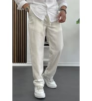 Erkek Rahat Kesim Keten Pantolon Krem Edw138