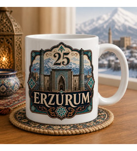 Erzurum Temalı Memleket Kupası – 25 Erzurum Çifte Minareli Medrese Karlı Dağlar ve Çini Motifli Baskılı Seramik Kupa