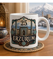 Erzurum Temalı Memleket Kupası – 25 Erzurum Çifte Minareli Medrese Karlı Dağlar ve Çini Motifli Baskılı Seramik Kupa