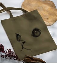 BK Gift Kedi Tasarımlı Haki Kumaş Bez Çanta, Baskılı Omuz Çantası, Alışveriş Çantası, Arkadaşa Hediye-1