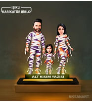 Kişiye Özel Renkli Başsız Mumya Ailesi Karikatürlü 14 cm MDF Işıklı Biblo - Aile Hediyesi Anne Baba ve Aileye Hediye