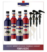 Kahve ve Kokteyl Şurubu 700 ml 4'lü Set Çilek + Böğürtlen + Frambuaz + Karadut + 4 Adet Pompa