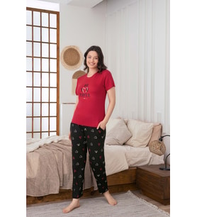 Kadın Düğmesiz Bisiklet Yaka Viskon Yazlık Kısa Kol Cepli Pijama Takımı (Bordo)